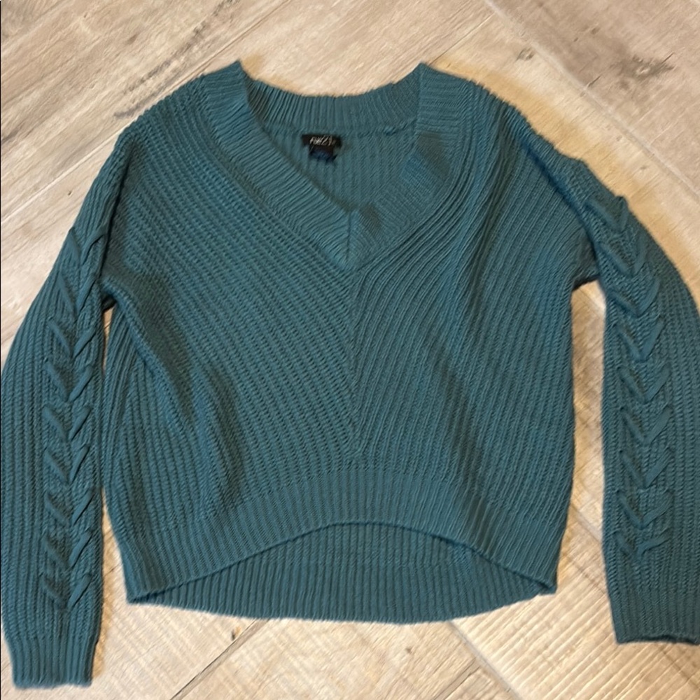 Teal V-Neck Cable Knit Sweater